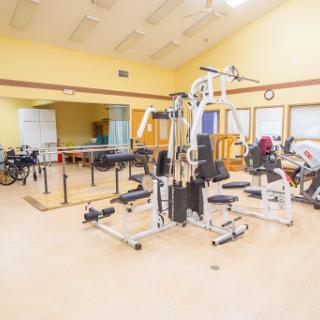 A bright and spacious gym equipped with fitness machines, ideal for exercise and rehabilitation.