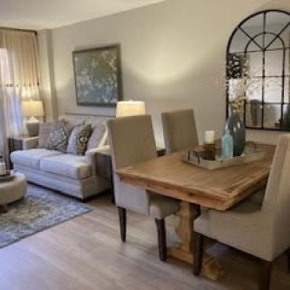 A cozy living room with a sofa and dining area featuring elegant decor.
