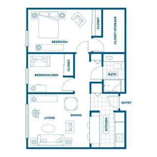 A floor plan layout depicting an apartment with two bedrooms, a living room, kitchen, and bathroom.