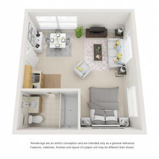 A 3D floor plan of a one-bedroom apartment featuring a combined living and dining area, kitchen, bedroom, and bathroom.