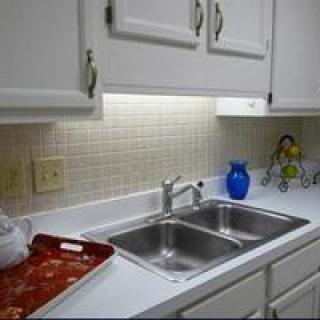A clean kitchen sink area with a double basin, white cabinets, and decorative items on the countertop.
