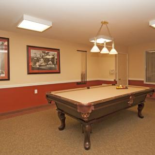 A billiards room featuring a pool table with overhead lighting and wall decorations.