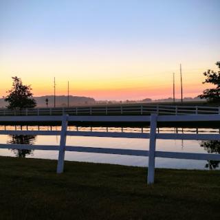 A serene sunrise over a calm body of water, framed by a white fence.