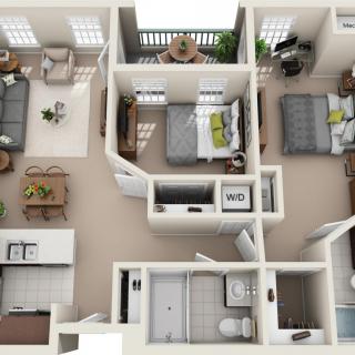 A detailed 3D floor plan of a two-bedroom apartment featuring a living room, kitchen, and bathroom.