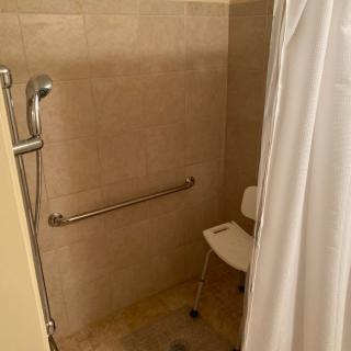 An accessible shower equipped with a shower chair and grab bar.