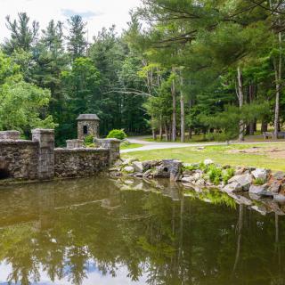 A serene pond with a stone bridge surrounded by lush trees and greenery.