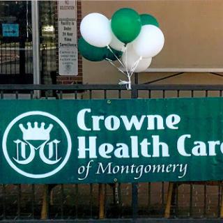 A welcoming sign for Crowne Health Care of Montgomery, adorned with festive balloons.