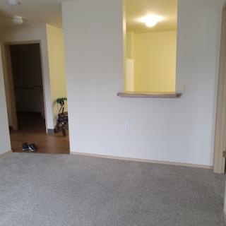 A spacious living room area with carpet flooring and a view into the kitchen.