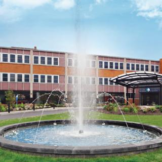 A beautiful fountain surrounded by greenery in front of a modern building.