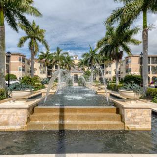 A scenic view of a fountain surrounded by palm trees in a residential area.