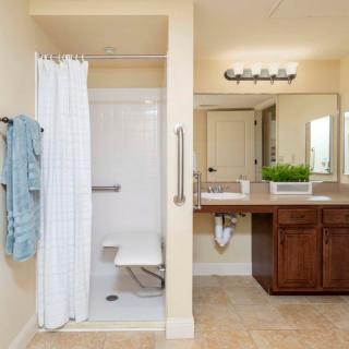 A bathroom with accessible shower and vanity area.