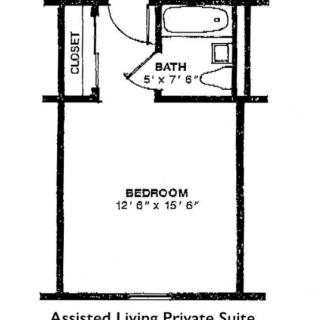 Floor plan of an assisted living private suite with a bedroom, bathroom, and closet.