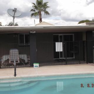 A backyard view featuring a swimming pool, fenced patio area, and a house with a palm tree in the background.
