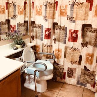 A cozy bathroom featuring a decorative shower curtain and accessible toilet.
