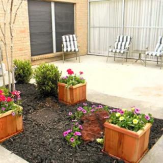 A cozy patio featuring wooden planters filled with colorful flowers and striped lounge chairs.