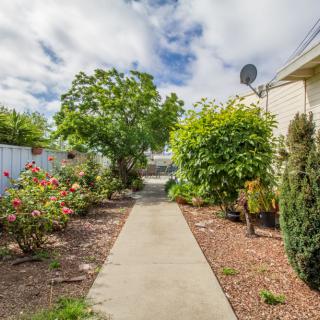 A garden with a concrete pathway lined by trees and shrubs under a cloudy sky.