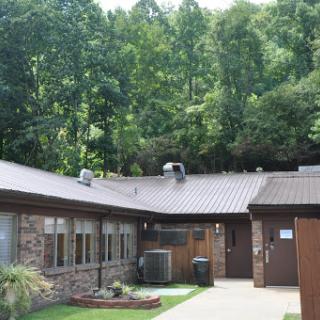A serene view of a building surrounded by lush greenery.