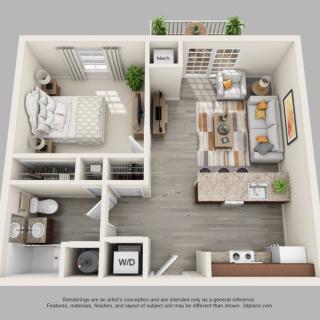 A 3D floor plan of a one-bedroom apartment with a living room, kitchen, and bathroom.