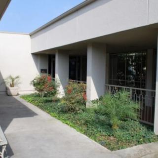 A modern building with a small landscaped garden area.