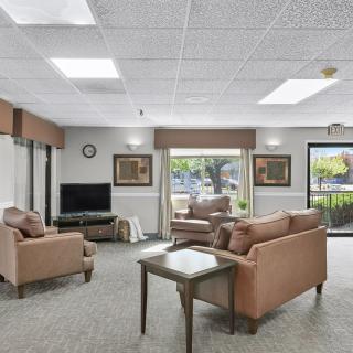 A cozy living room with sofas, a television, and large windows providing natural light.