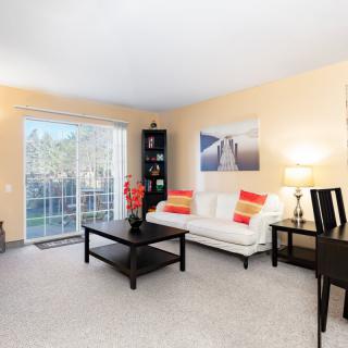 A modern living room with a white sofa, colorful pillows, and a coffee table, featuring a sliding glass door that lets in natural light.