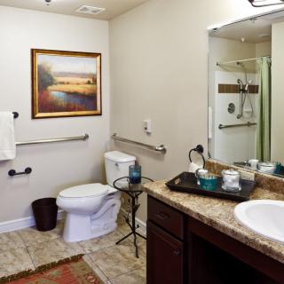 An accessible bathroom with a shower, toilet, and sink area equipped with grab bars for safety.