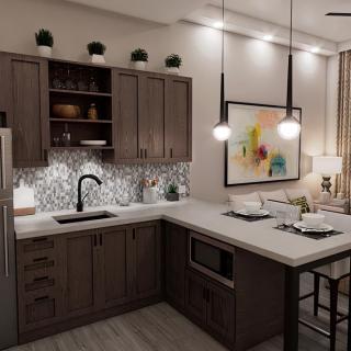 A modern kitchen interior with dark cabinetry, open shelves, and decorative backsplash, featuring pendant lights and a sleek countertop.