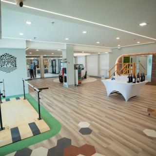 A modern gym and rehabilitation center with diverse fitness equipment and an open, spacious design.