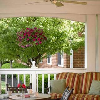 A cozy porch with a striped sofa, a table, and lush greenery in the background.