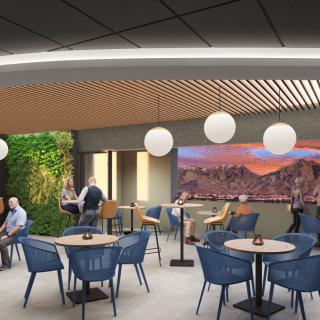 A modern restaurant interior with stylish seating and decor.