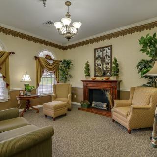 A cozy living room featuring armchairs, a fireplace, and decorative plants, illuminated by a chandelier.