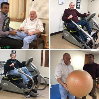 A senior individual engaging in exercises and physical therapy activities assisted by a caregiver.