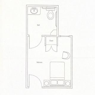 A simple floor plan layout of a small apartment with a bedroom and bathroom.