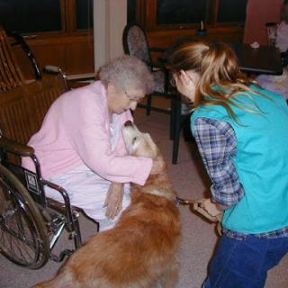 A heartwarming moment as an elderly woman interacts with a golden retriever, while a caregiver assists.