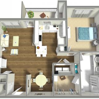 A 3D floor plan of a one-bedroom apartment featuring a living room, kitchen, bathroom, and dining area.