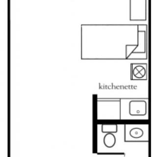 A simple floor plan of a small studio apartment with a kitchenette and bathroom.