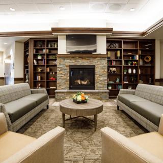 A cozy living room with a fireplace and comfortable seating surrounded by bookshelves.