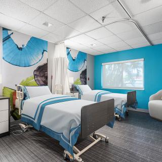 A modern hospital room with two neatly made beds, featuring blue accent walls and a clean design.