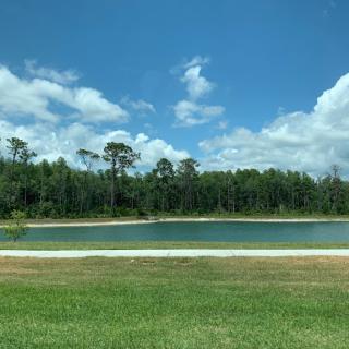 A serene landscape featuring a tranquil lake surrounded by lush trees under a bright blue sky with fluffy clouds.