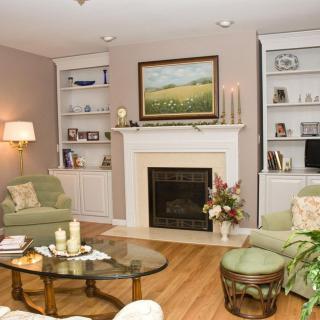 A cozy living room with a fireplace and elegant decor.