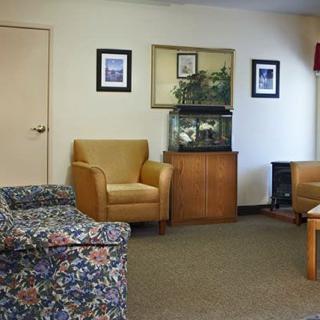A cozy waiting room with comfortable chairs, a patterned sofa, and an aquarium.