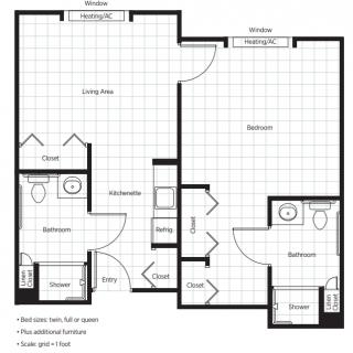 A floor plan of a 1-bedroom apartment featuring a spacious living room, kitchen, and bathroom layout.