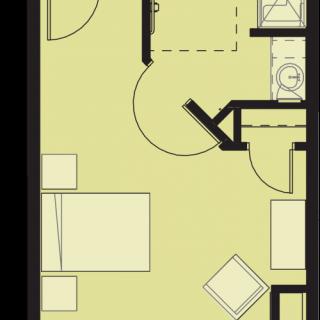 A floor plan depicting a small apartment layout with bedroom, bathroom, and living area.