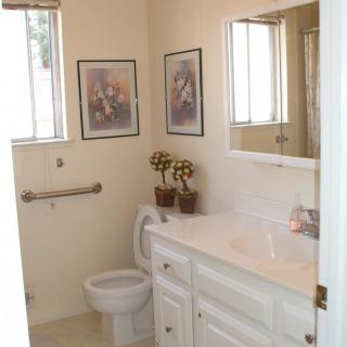 A small bathroom with a sink, toilet, mirror, and decorative wall art.