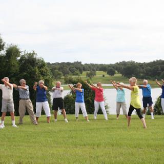A group of individuals participating in an outdoor exercise class by the lake.