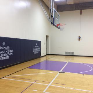 A view of a basketball court featuring a hoop and a designated purple shooting area.