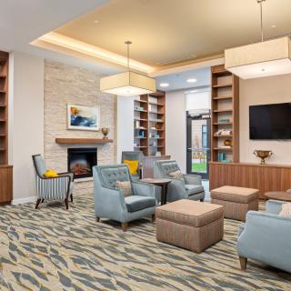 A modern living room featuring comfortable seating, a fireplace, and built-in bookshelves.