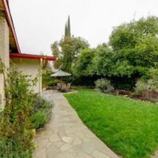 A serene backyard garden with a lush lawn and stone pathway.