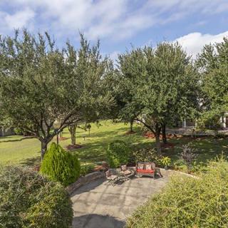 A peaceful garden with a patio set amidst lush greenery.