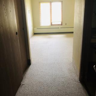 An empty room with carpet and two windows at the end of a hallway.
